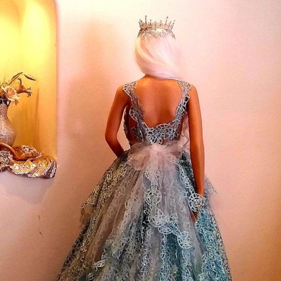 SAMPLE GOWN - "AMALI" Turquoise & Silver Medieval Goddess Wedding Ballgown Set - Picture 11 of 14